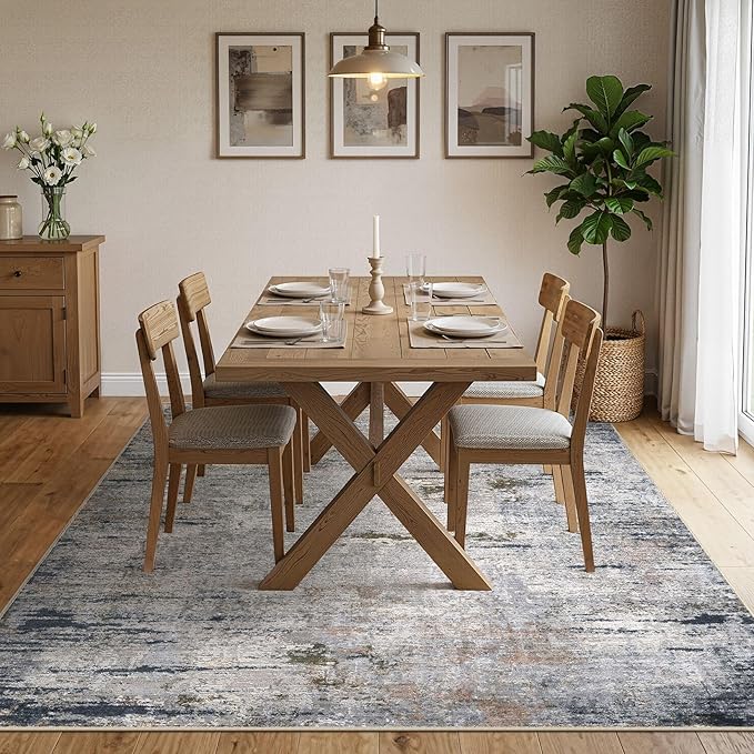 Area Rug Living Room Rugs - 8x10 Washable Large Soft Indoor Neutral Modern Abstract Low Pile Rug Carpet for Bedroom Dining Room Farmhouse Home Office - Blue/Grey/Brown