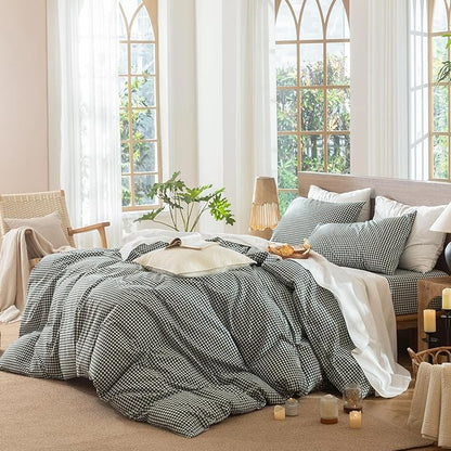 MooMee Gingham Duvet Cover Set 100% Washed Cotton Linen Like Textured Breathable Durable Soft Comfy Modern Checkered Design (Mini Gingham Forest Green, Oversized Full 82"x86")