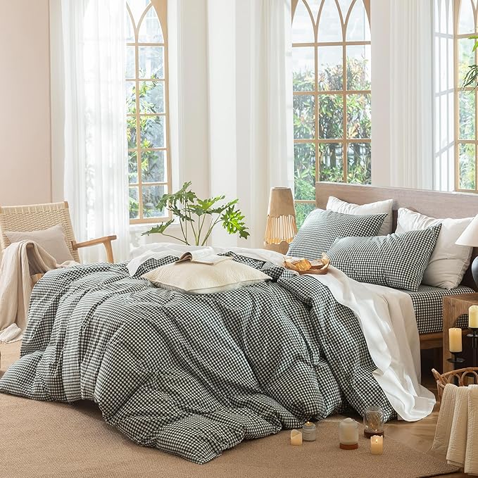 MooMee Gingham Duvet Cover Set 100% Washed Cotton Linen Like Textured Breathable Durable Soft Comfy Modern Checkered Design (Mini Gingham Forest Green, Queen 90"x90")