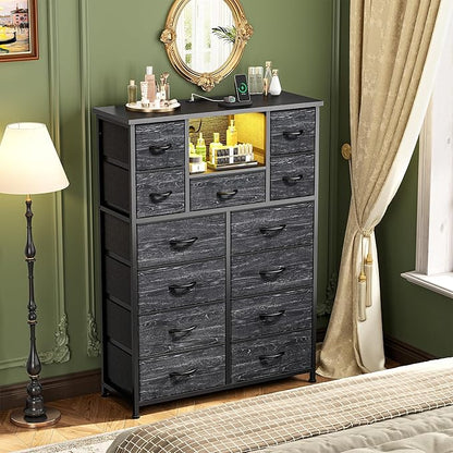 Dresser for Bedroom with 13 Fabric Drawers, Black Dresser with LED & 4 Charging Ports, 47''H Chest of Drawers with Open Storage Shelves for Hallway, Entryway