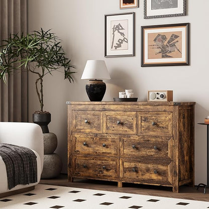 Dresser for Bedroom with 7 Drawers, Farmhouse Wood Chest of Drawers, Wide TV Stand Closet Storage Furniture with Metal Handle, Modern Clothes Organizer for Hallway, Living Room, Entryway, Brown