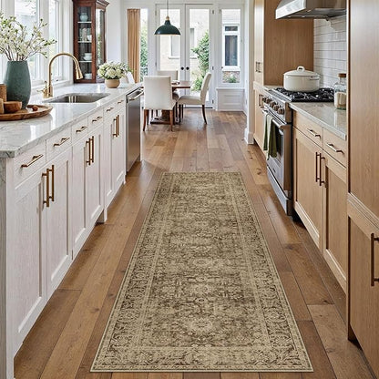 Brown 2x6 Runner Rug Hallway Non Slip Kitchen Vintage Distressed Long Carpet Indoor Machine Washable Traditional Floral Bedroom Accent Throw Rug for Office Laundry Bathroom Dining Living Room