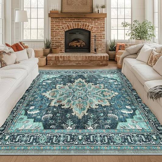 Area Rugs Square 8ft Washable Non-Slip, Floral Vintage Distress Print Pattern Medallion Carpet for Living Room Bedroom Dining Room, Teal Green Lake Blue Turquoise