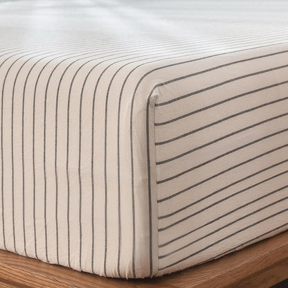 MooMee Fitted Bottom Sheet Only 100% Washed Cotton Linen Like Textured Breathable Durable Soft Comfy Deep Pocket Fits Mattress up to 17" (White Dark Grey Wide Stripes, King)