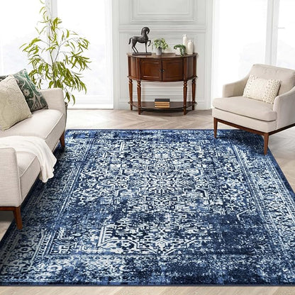 vivorug 4x6 Area Rugs, Stain Resistant Washable Rug for Living Room, Vintage-Inspired (Navy Blue, 4'x6')