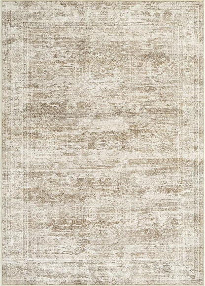 5x7 Area Rugs Brown Low Pile Indoor Washable Trendy Faded Style Rugs for Bedroom Living Room Dining Room Foldable Non-Slip Thin Print Mat
