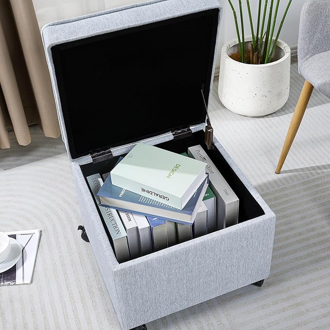 Adeco 17.5" Square Fabric Ottoman with Storage, Upholstered Cotton Linen Foot Rest, Flip Top Footstool, Small Cube Coffee Table Extra Seat for Living Room, Bedroom, Ice Blue with Rolling Legs
