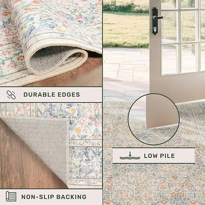 Washable Bathroom Runner Rug 2x5, Non Slip Runner for Laundry Room, Bathroom Sink Mat - Vintage Pastel Beige Blue Throw Rug, Ultra Soft Low Pile Stain Resistant