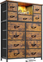 Dresser for Bedroom with 13 Fabric Drawers, Dressers with LED & 4 Charging Ports, 47''H Chest of Drawers with Open Storage Shelves for Hallway, Entryway, Rustic Brown
