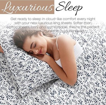 Linen Market 4 Piece King Sheet Set - Breathable, Double-Brushed Patterned Cooling Sheets – Oeko-TEX Certified Ultra Soft & Wrinkle-Free 16" Deep-Pocket King Sheets - Easy Care Burst of Vines Navy