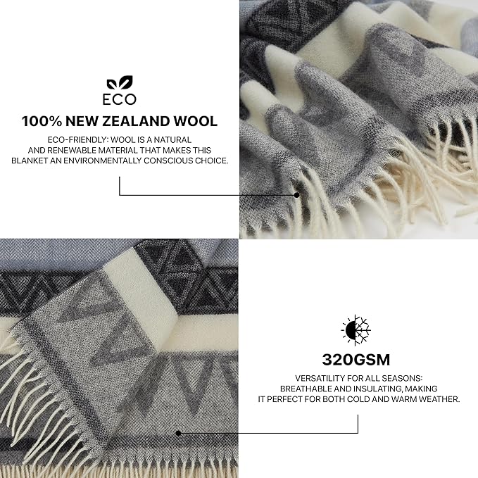 | Wool Blanket/Throw | 100% New Zealand Wool | Perfect for Home and Outdoors | Virgin Wool Throw with Fringes 67"x79" (170 x 200 cm)