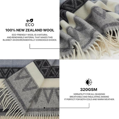 | Wool Blanket/Throw | 100% New Zealand Wool | Perfect for Home and Outdoors | Virgin Wool Throw with Fringes 67"x79" (170 x 200 cm)
