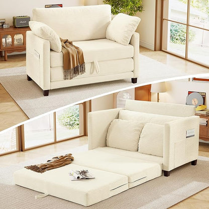 51" Loveseat Sleeper Sofa Bed, Corduroy Convertible Floor Sofa Bed for Small Spaces, Folding Couch Bed with Deep Seat, 2 Pillows & Solid Frame, Pull Out Floor Couch for Living Room, Beige