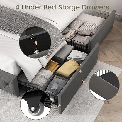 LARMACE Full Size Bed Frame with 4 Storage Drawers and Wingback Headboard Linen Upholstered Platform Bed Frame Tufted Beds with Wooden Slats Support, Easy Assembly, Light Grey