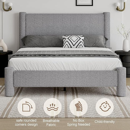 Queen Size Bed Frame, Boucle Upholstered Platform Bed with Headboard and Footboard, Soft Rounded Corners, No Box Spring Required, Easy Assembly, Light Grey