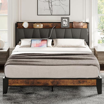 LIKIMIO Full Bed Frame, Storage Headboard with Charging Station, Solid and Stable, Noise Free, No Box Spring Needed, Easy Assembly