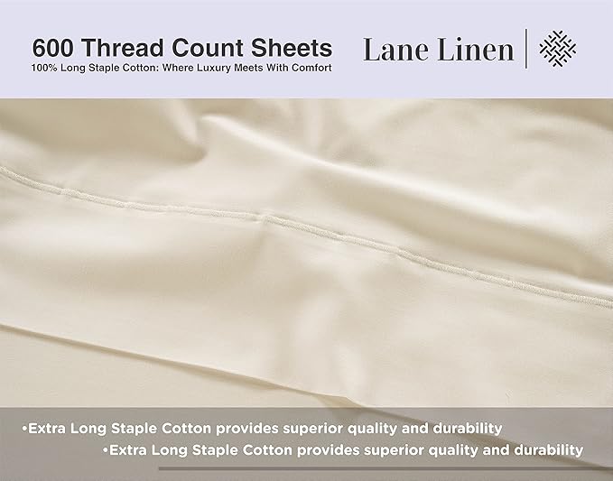 LANE LINEN King Size Bed Sheet Set – 600 Thread Count Long-Staple 100% Cotton Sheet Set King Size, Hotel Premium Soft Silky Sateen Finish, Durable Bedding Set, Elasticised 15" Deep Pocket – Linen