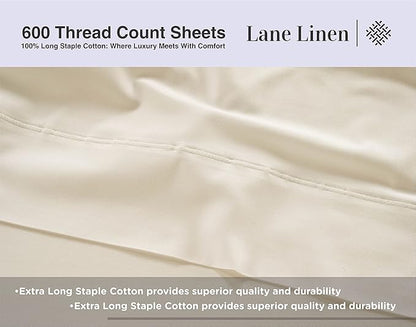 LANE LINEN King Size Bed Sheet Set – 600 Thread Count Long-Staple 100% Cotton Sheet Set King Size, Hotel Premium Soft Silky Sateen Finish, Durable Bedding Set, Elasticised 15" Deep Pocket – Linen