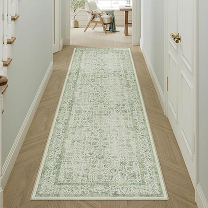 Runner Rug 2x6 Sage Green Hallway Washable Vintage Distressed Kitchen Carpet Non Slip Neutral Low Pile Retro Floral Farmhouse Long Throw Rug Entryway Bathroom Office Laundry Dining Room