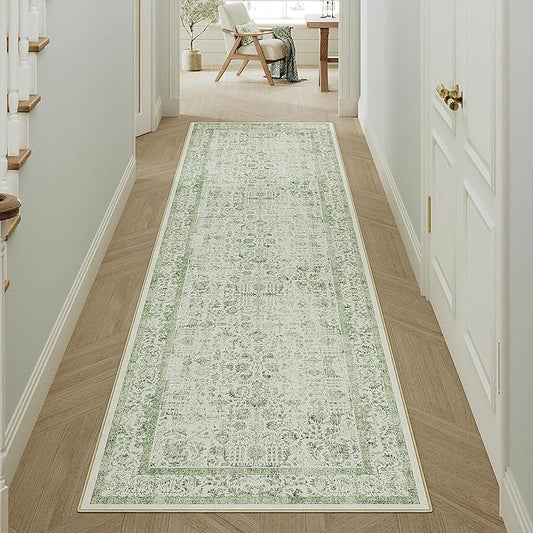Runner Rug 2x6 Sage Green Hallway Washable Vintage Distressed Kitchen Carpet Non Slip Neutral Low Pile Retro Floral Farmhouse Long Throw Rug Entryway Bathroom Office Laundry Dining Room