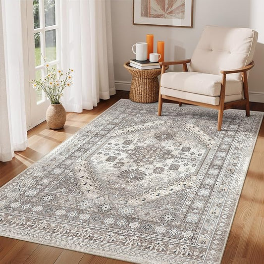 zesthome 4x6 Rug - Stain Resistant Washable Rug, Anti Slip Backing Rugs for Living Room, Foldable Vintage Small Area Rugs (Brown/Beige,4'x6')