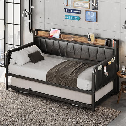 LIKIMIO Daybed with Trundle Bed, Twin Bed Frame with Storage Headboard and Charging Station, Sofa Day Bed with Strong Supports for Living Room, Bedroom, and Guest Room, Black