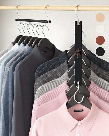 MORALVE Space Saving Hangers for Closet – 4 Pack European Beechwood 6-Tier Shirt Organizer with 360° Swivel Hook – Collapsible Clothes Hanger for Closet Organization (Hangers Not Included)
