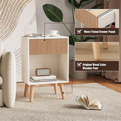 Fluted Nightstand, Modern Bedside Table with Storage Drawers and Open Wood Shelf, Night Stand with Solid Wood Legs, End Tables Side Tables for Living Room, Bedroom