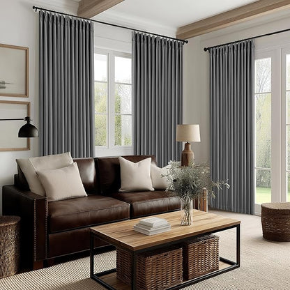 Charcoal Grey 120 Inch Blackout Pinch Pleated Curtains 2 Panel Set for Living Room Darkening Thick Linen Textured 100% Black Out Drapes 120 Inches Long Pinch Pleat Light Blocking Bedroom Dark Gray
