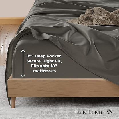 LANE LINEN 600 Thread Count 100% Mercerized Cotton Machine Wash Full Size Bed Sheets Set, Fully Elasticized Fitted Sheet, European Closure Pillow Cases, Z Hem Top Sheet, Soft & Comfy Sheets - Charcoal