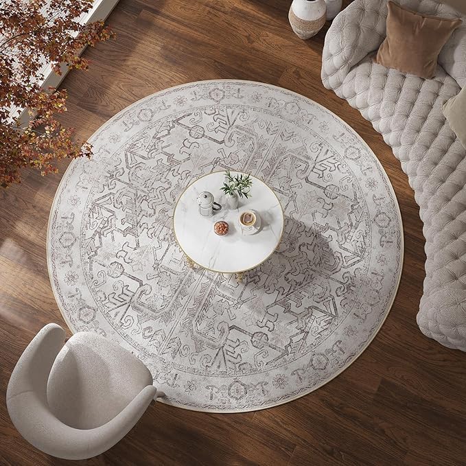 jinchan Lima Round Rug 6ft Vintage Machine Washable Area Rug Indoor Circle 6' Ultra-Thin Non-Slip Floral Print Carpet for Farmhouse Entryway Dining Room Living Room Bedroom Office (6'Round, Taupe)
