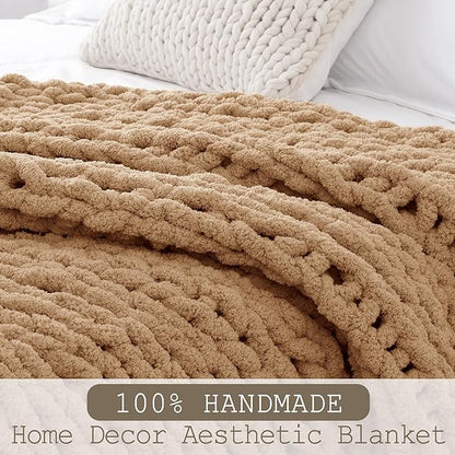 Chunky Knit Throw Blanket 50"X 60", 100% Handmade with Soft Chenille Yarn, 4.4lbs Thick Cable Knitted Blankets, Large Rope Knot Crochet Throws for Couch Sofa Bed Home Decor, Tan Brown