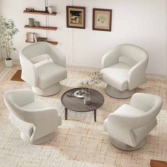 Swivel Accent Chair Set of 4, Modern Comfy Teddy Barrel Chairs, Oversized Upholstered Round Arm Chair for Living Room, Bedroom, Reading Room, White