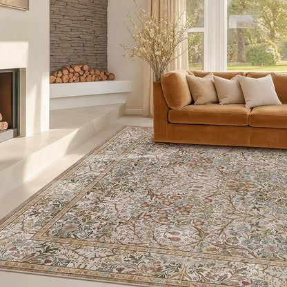 Vintage Moss Green Living Room Rug, 8x10 Washable Area Rugs for Bedroom, Dining Room Rugs Under Kitchen Table, Oriental Taupe Low Pile Stain Resistant Non-Slip Large Rug