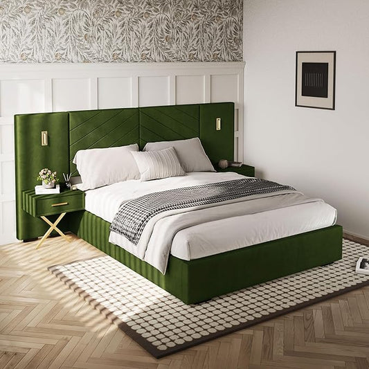 DEINPPA Luxury Queen Bed Frame with Built-in Gold LED Lights and Nightstands, Queen Size Platform Bed with Oversize Upholstered Headboard, No Box Spring Needed-Green