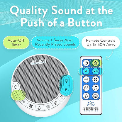 Serene Evolution White Noise Machine with 60 Soothing Sounds - Sound Machine for Adults and Baby - Noise Cancelling Sleep Music Machine with Remote Control - Ideal for Office Privacy - Black