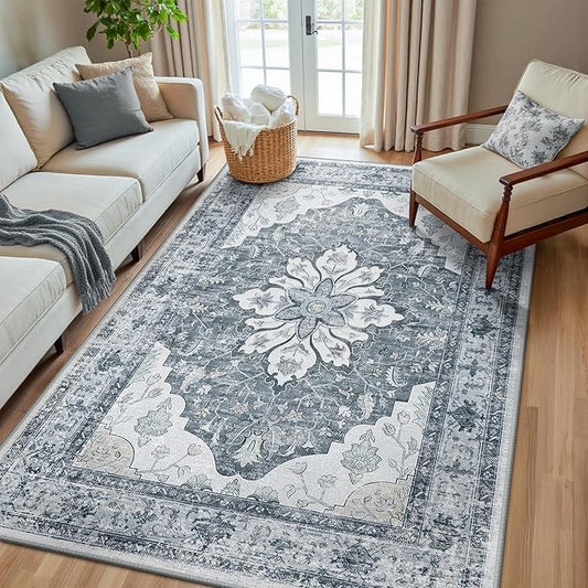 Area Rugs 5'x8' Washable Non-Slip, Floral Vintage Distress Print Pattern Medallion Carpet for Living Room Bedroom Dining Room, Light Gray Grey White