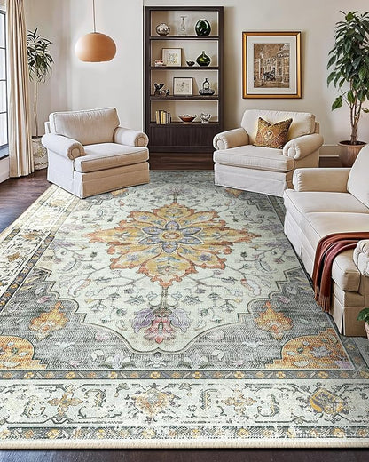 Area Rugs 10'x14' Washable Non-Slip, Floral Vintage Distress Print Pattern Medallion Carpet for Living Room Bedroom Dining Room, Light Yellow Carbon Grey Orange