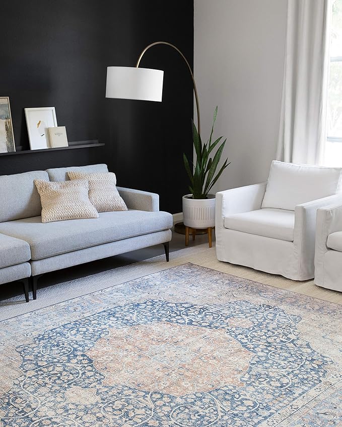 Loloi Layla Collection LAY-07 Blue/Tangerine 3'-6" x 5'-6" .13" Thick Accent Rug, Soft, Durable, Vintage Inspired, Distressed, Low Pile, Non-Shedding, Easy Clean, Printed, Living Room Rug