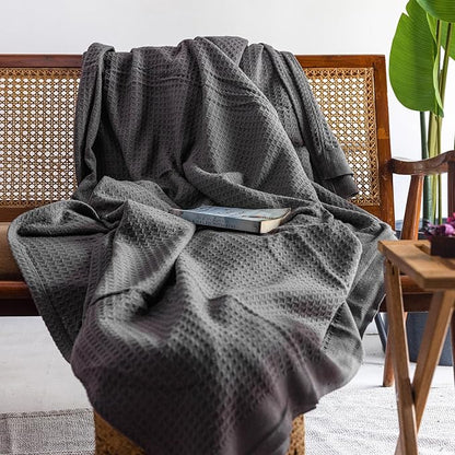 Salt Earth Organic Cotton Throw Blanket, Queen, 90"X92" Waffle Throws for Home, Bedrooms, Outdoor & Office Couch, Modern Room Decor Blankets, Lightweight, All Season Western Blanket (Charcoal Grey)