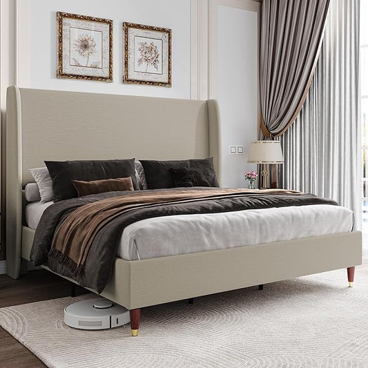 Jocisland King Upholstered Platform Bed Frame with 51.2" Tall Wingback Headboard–Solid Wood Legs, No Box Spring Needed, Brown Linen–Modern Style for Any Bedroom