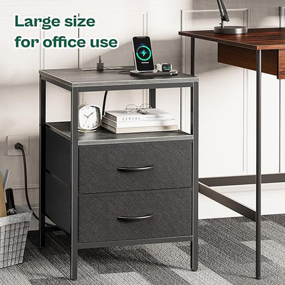 Huuger Night Stand with Charger Station, 27.7 Inch Tall Nightstand, Bed Side Table with 2 Fabric Drawers, Fabric Drawer Dresser for Bedroom, Living Room, Grey
