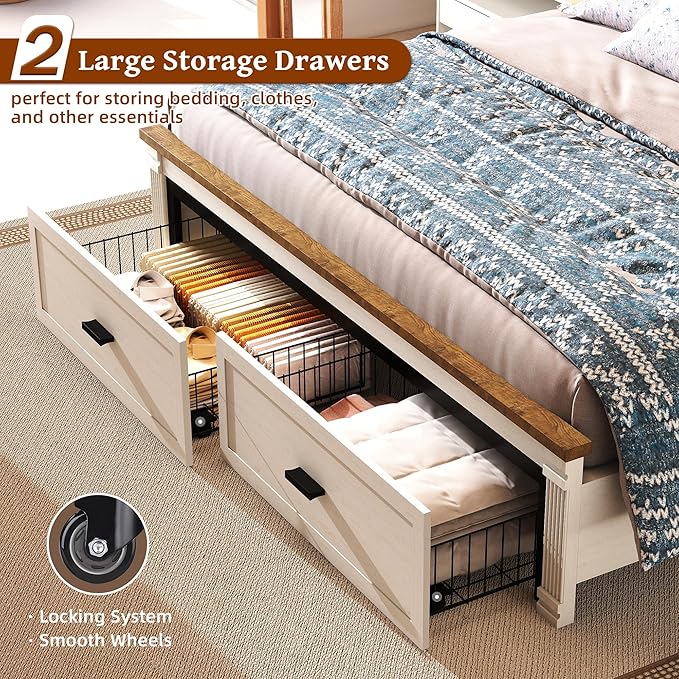 Queen Size Bed Frame with 53" Tall Headboard, Farmhouse Platform Bed Frame with Roman Column Decoration Footboard & 2 Storage Drawers, LED Built in Charging Station, No Box Spring Needed（Rust White)