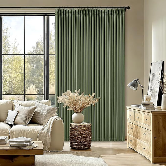 Extra Long Blackout Pleated 108 Inch Curtains Floor Ceiling 2 Panels Set for Living Room Memory Trained Pinch Pleat 100% Black Out Dual Layer Olive Green Soundproof Thermal Insulated Linen Curtains