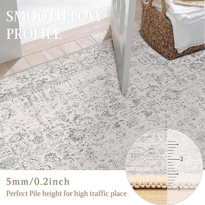 Grey Round Area Rug 5ft Entryway Door Mat Small Circle 5x5 Kitchen Vintage Carpet Non Slip Indoor Bedroom Washable Distressed Floral Retro Accent Throw Rug Office Bathroom