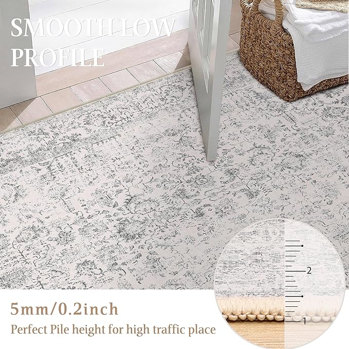 Grey Round Area Rug 4ft Entryway Door Mat Small Circle 4x4 Kitchen Vintage Carpet Non Slip Indoor Bedroom Washable Distressed Floral Retro Accent Throw Rug Office Bathroom