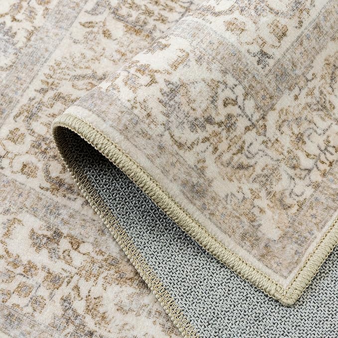 Light Brown Area Rug 6x9 Machine Washable Vintage Living Room Distressed Non Slip Carpet Traditional Indoor Bedroom Retro Floral Accent Throw Large Rug for Office Kitchen Dining Room