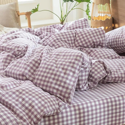 MooMee Gingham Duvet Cover Set 100% Washed Cotton Linen Like Textured Breathable Durable Soft Comfy Modern Checkered Design (Classic Gingham Light Purple, Queen 90"x90")
