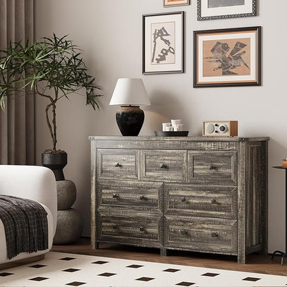 Dresser for Bedroom with 7 Drawers, Farmhouse Wood Chest of Drawers, Wide TV Stand Closet Storage Furniture with Metal Handle, Modern Wooden Clothes Organizer for Hallway, Living Room, Entryway, Grey