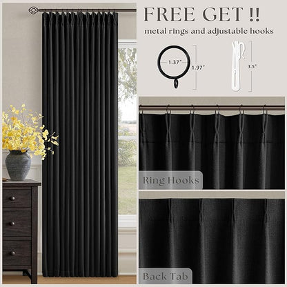 Black Pleated Linen Blackout Curtains 84 Inches Long for Bedroom Living Room Pinch Pleat Black Out Thermal Insulated Ring Hooks Back Tab Room Darkening Modern Drapes Window Curtains with Liner